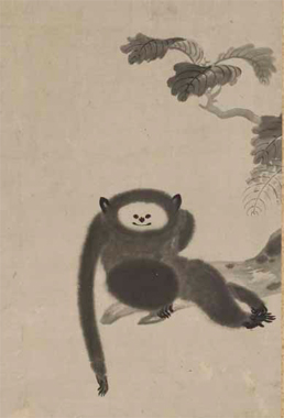 猿猴図(えんこうず)（部分）　狩野山雪(かのうさんせつ)筆　江戸時代・17世紀　東京国立博物館蔵　本館　特別1室　木の上からだらりと右手を伸ばし，こちらを見ているお猿さん。　400年前に，こんな可愛らしい絵が描かれていました。