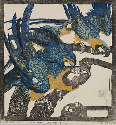 ルートヴィヒ・ハインリヒ・ユンクニッケル《三羽の青い鸚鵡》(連作「シェーンブルンの動物たち」より) 1909年