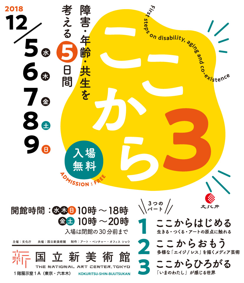 展覧会名、ここから3 ―障害・年齢・共生を考える5日間。会期、2018年12月5日（水）～12月9日（日）。休館日、会期中無休。開館時間、10：00～ 18：00、12月7日（金）、8日（土）は20：00まで、入場は閉館の30分前まで。観覧料、無料。会場、国立新美術館1階展示室１A。主催、文化庁。共催、国立新美術館。制作、アート・ベンチャー・オフィス
ショウ。