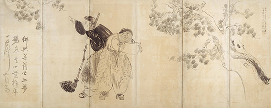 寒山拾得・豊干禅師図屏風 仙厓筆