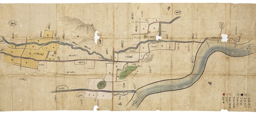 下八釣村・小山村百貫川水論立会絵図明日香村小山大字所有