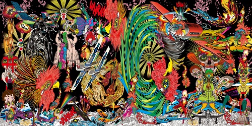 《死と再生のドラマ》2019年顔料インク、アクリル・シルクスクリーン、ガラスの粉末、ラメ、アクリル絵具/カンヴァス200 x 400 cm (4幅対)©Keiichi Tanaami / Courtesy of NANZUKA