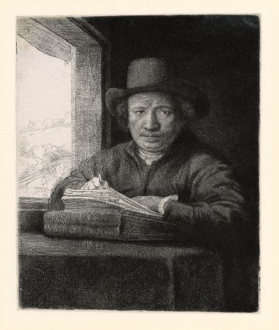 レンブラント・ハルメンスゾーン・ファン・レイン《窓辺でエッチングを制作する自画像》1648年エッチング、ドライポイント、ビュラン／中国紙アムステルダム、レンブラント・ハウス美術館