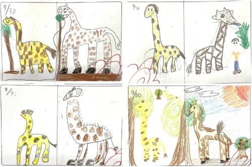 小学2年生の絵の変化(左:授業前、右:授業後)細部が具体的になり、全体に大きく力強くなっている