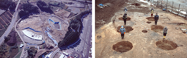 左：野球場建設予定地の発掘調査、右：大型掘立柱建物を構成する6基の柱穴