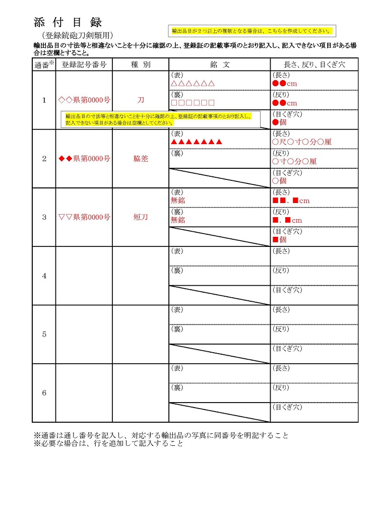 ②（記入例）申請書別紙様式［添付目録（登録銃砲刀剣類用）］
