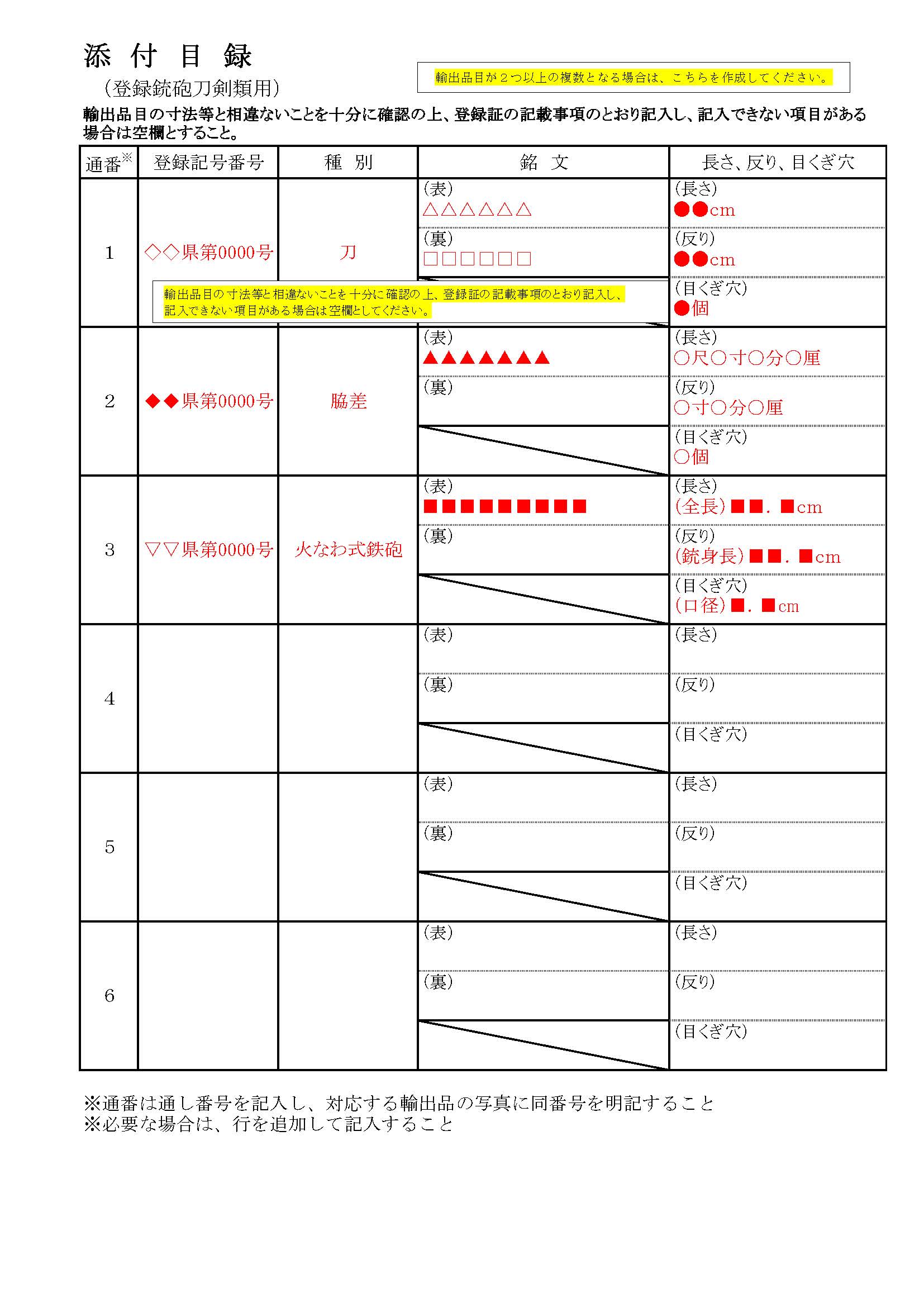 ②（記入例）申請書別紙様式［添付目録（登録銃砲刀剣類用）］