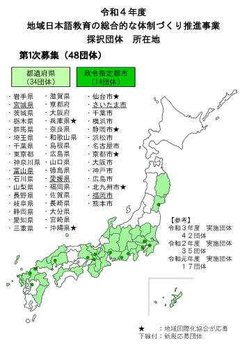 地域日本語教育の総合的な体制づくり推進事業 応募団体所在地
