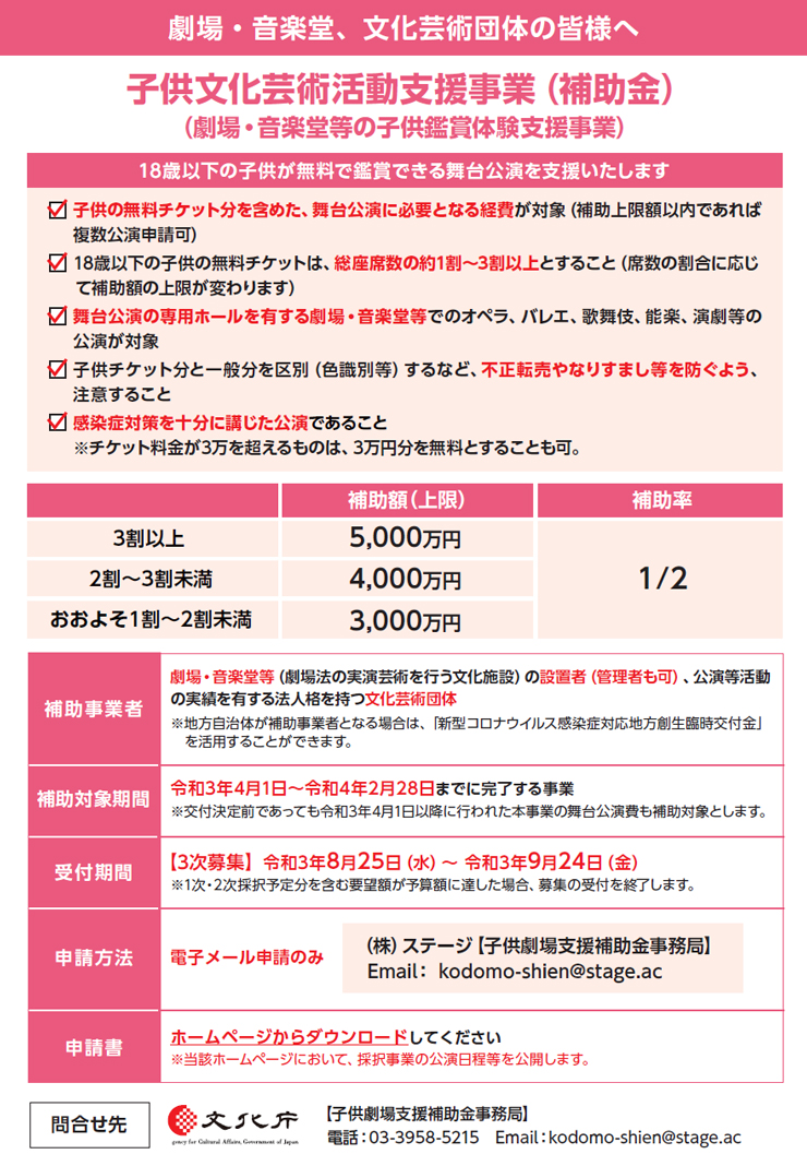 子供文化芸術支援事業 劇場 音楽堂等の子供鑑賞体験支援事業 補助金 文化庁